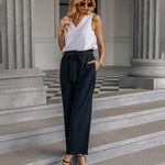 Women Long Lounge Pants with Pockets High Waisted Wide Leg Business Work Trousers Pant - Zeagoo (Us Only)