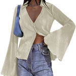 Women's Deep V Neck Shirt Button Front Blouse Bell Long Sleeve Tops - Zeagoo (Us Only)