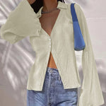 Women's Deep V Neck Shirt Button Front Blouse Bell Long Sleeve Tops - Zeagoo (Us Only)