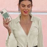 Women's Deep V Neck Shirt Button Front Blouse Bell Long Sleeve Tops - Zeagoo (Us Only)