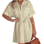 Women's Shirt Dress Button Down V Neck Blouse Short Roll-up Sleeve Tunic Tops with Pockets - Zeagoo (Us Only)