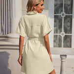 Women's Shirt Dress Button Down V Neck Blouse Short Roll-up Sleeve Tunic Tops with Pockets - Zeagoo (Us Only)