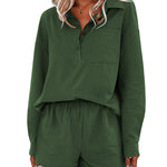 Womens 2 Piece Outfits Lounge Sets Cotton Linen Long Sleeve V-Neck Shirt and Mini Shorts With Pockets - Zeagoo (Us Only)