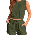 Womens Summer 2 Piece Outfits Sleeveless Round Neck Tops and High-waisted with Drawstring Casual Shorts Tracksuit Sets - Zeagoo (Us Only)