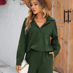 Womens 2 Piece Outfits Lounge Sets Cotton Linen Long Sleeve V-Neck Shirt and Mini Shorts With Pockets - Zeagoo (Us Only)