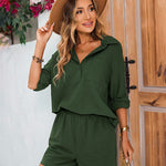 Womens 2 Piece Outfits Lounge Sets Cotton Linen Long Sleeve V-Neck Shirt and Mini Shorts With Pockets - Zeagoo (Us Only)