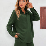 Womens 2 Piece Outfits Lounge Sets Cotton Linen Long Sleeve V-Neck Shirt and Mini Shorts With Pockets - Zeagoo (Us Only)
