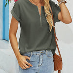 Women's Casual Rolled Short Sleeve Tops Half Zip Shirts Loose Waffle Knit T Shirts Blouse - Zeagoo (Us Only)