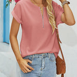 Women's Casual Rolled Short Sleeve Tops Half Zip Shirts Loose Waffle Knit T Shirts Blouse - Zeagoo (Us Only)