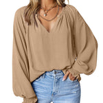 Zeagoo Blouses Puff Long Sleeve Pleated V Neck Tunic Tops