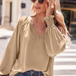 Zeagoo Blouses Puff Long Sleeve Pleated V Neck Tunic Tops