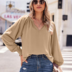 Zeagoo Blouses Puff Long Sleeve Pleated V Neck Tunic Tops
