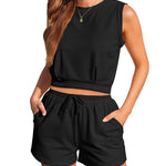 Womens Summer 2 Piece Outfits Sleeveless Round Neck Tops and High-waisted with Drawstring Casual Shorts Tracksuit Sets - Zeagoo (Us Only)