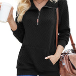 Womens Quilted Sweatshirts Quarter Zip Pullovers Lightweight Long Sleeve Stand Collar Tops with Kangaroo Pocket - Zeagoo (Us Only)