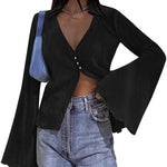 Women's Deep V Neck Shirt Button Front Blouse Bell Long Sleeve Tops - Zeagoo (Us Only)