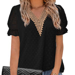 Womens V Neck Puff Short Sleeve Tops Swiss Dots Chiffon Lace Neckline Shirts Blouses - Zeagoo (Us Only)