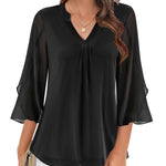 Zeagoo 3/4 Sleeve Ruffle V Neck Flowy Floral Mesh Blouses