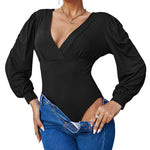 Women Sexy Bodysuits Long Sleeve V Neck Jumpsuits Tops Leotard Shirts - Zeagoo (Us Only)