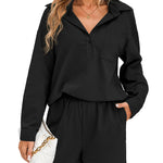 Womens 2 Piece Outfits Lounge Sets Cotton Linen Long Sleeve V-Neck Shirt and Mini Shorts With Pockets - Zeagoo (Us Only)