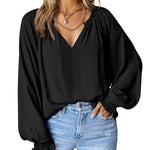 Zeagoo Blouses Puff Long Sleeve Pleated V Neck Tunic Tops