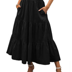 Women's Boho Elastic High Waist Ruffle A Line Swing Beach Long Maxi Skirt with Pockets - Zeagoo (Us Only)