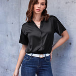 Zeagoo Women Satin Shirt V-Neck Short Sleeve Button Down Shirt Casual Loose Office Silk Tops  (Us Only)