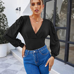 Women Sexy Bodysuits Long Sleeve V Neck Jumpsuits Tops Leotard Shirts - Zeagoo (Us Only)