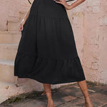 Women's Boho Elastic High Waist Ruffle A Line Swing Beach Long Maxi Skirt with Pockets - Zeagoo (Us Only)
