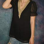 Womens V Neck Puff Short Sleeve Tops Swiss Dots Chiffon Lace Neckline Shirts Blouses - Zeagoo (Us Only)