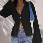 Women's Deep V Neck Shirt Button Front Blouse Bell Long Sleeve Tops - Zeagoo (Us Only)