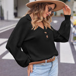 Zeagoo Women V Neck Sweater Lantern Sleeve Drop Shoulder Oversized Henley Knit Pullover Tops S-XXL