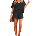 Women's 2 Piece Cotton Linen Tracksuit Short Sleeve Casual Shorts Set V Neck Beach Outfits - Zeagoo (Us Only)