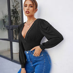 Women Sexy Bodysuits Long Sleeve V Neck Jumpsuits Tops Leotard Shirts - Zeagoo (Us Only)