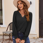 Zeagoo Women Casual V Neck T-Shirts Ruffle Long Sleeve Shirt Eyelet Loose Blouses S-XXL