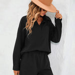Womens 2 Piece Outfits Lounge Sets Cotton Linen Long Sleeve V-Neck Shirt and Mini Shorts With Pockets - Zeagoo (Us Only)