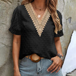 Womens V Neck Puff Short Sleeve Tops Swiss Dots Chiffon Lace Neckline Shirts Blouses - Zeagoo (Us Only)