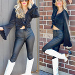 Women's Deep V Neck Shirt Button Front Blouse Bell Long Sleeve Tops - Zeagoo (Us Only)