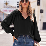 Zeagoo Blouses Puff Long Sleeve Pleated V Neck Tunic Tops