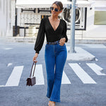 Women Sexy Bodysuits Long Sleeve V Neck Jumpsuits Tops Leotard Shirts - Zeagoo (Us Only)