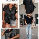 Zeagoo Women Satin Shirt V-Neck Short Sleeve Button Down Shirt Casual Loose Office Silk Tops  (Us Only)