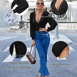 Women Sexy Bodysuits Long Sleeve V Neck Jumpsuits Tops Leotard Shirts - Zeagoo (Us Only)