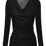 Womens Long Sleeve Ruched Top Slim Fitted Cowl Neck Wrap Shirts with Side Shirring - Zeagoo (Us Only)