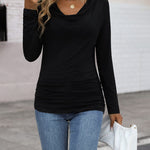 Womens Long Sleeve Ruched Top Slim Fitted Cowl Neck Wrap Shirts with Side Shirring - Zeagoo (Us Only)