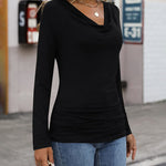 Womens Long Sleeve Ruched Top Slim Fitted Cowl Neck Wrap Shirts with Side Shirring - Zeagoo (Us Only)
