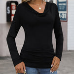 Womens Long Sleeve Ruched Top Slim Fitted Cowl Neck Wrap Shirts with Side Shirring - Zeagoo (Us Only)