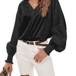 Women's Silk Shirts V Neck Shirred Lantern Sleeve Casual Work Blouse Tunic Tops - Zeagoo (Us Only)