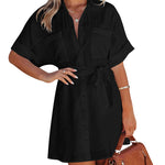 Women's Shirt Dress Button Down V Neck Blouse Short Roll-up Sleeve Tunic Tops with Pockets - Zeagoo (Us Only)