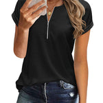 Women's Casual Rolled Short Sleeve Tops Half Zip Shirts Loose Waffle Knit T Shirts Blouse - Zeagoo (Us Only)