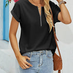 Women's Casual Rolled Short Sleeve Tops Half Zip Shirts Loose Waffle Knit T Shirts Blouse - Zeagoo (Us Only)