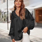 Women's Silk Shirts V Neck Shirred Lantern Sleeve Casual Work Blouse Tunic Tops - Zeagoo (Us Only)